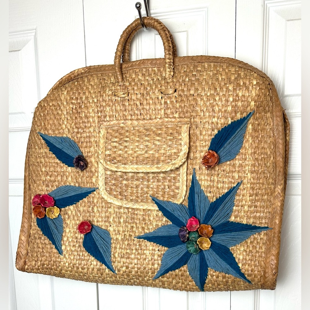 Vintage Large Straw Beach Bag Wicker Floral Leaf Resort Vacation Travel Cruise